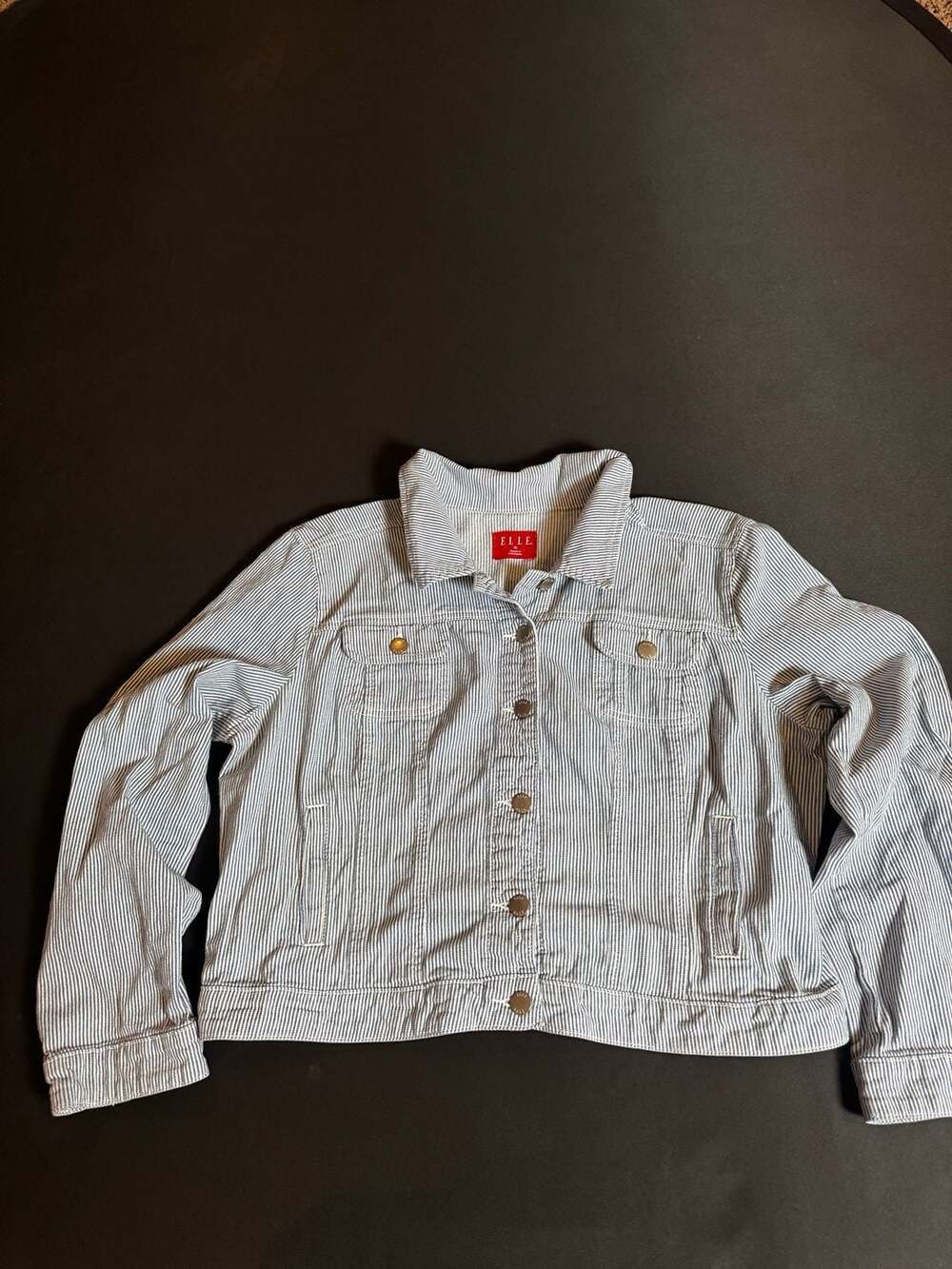 Elle Jacket Blue Striped Light Denim 6-Button Cropped Jean Jacket Size XL